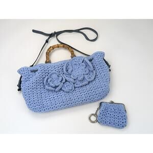 Patricia Nash Safflower Blue Cantinella Crochet Bamboo Handle Bag & Wallet Set